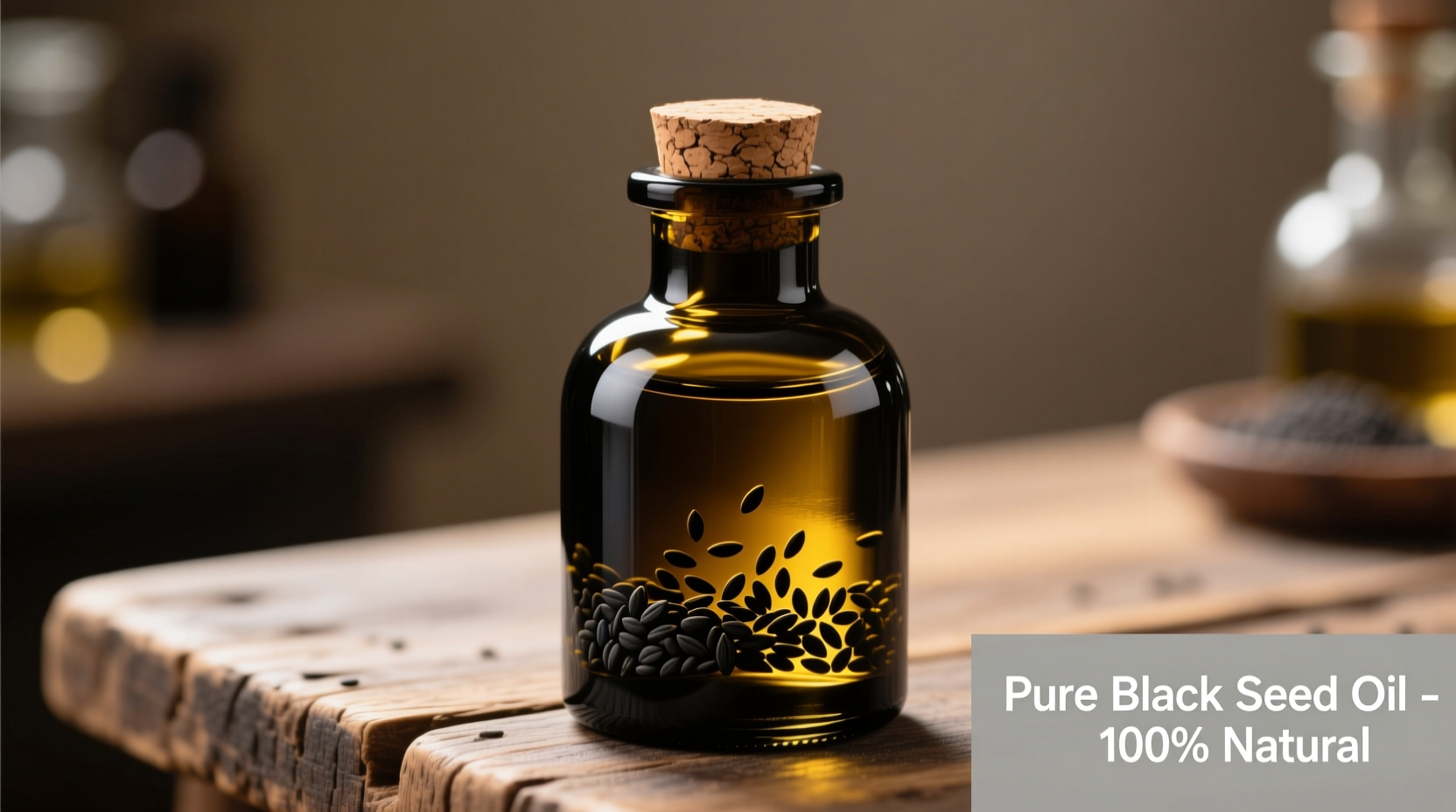 Black seed oil in dark glass bottle with seeds