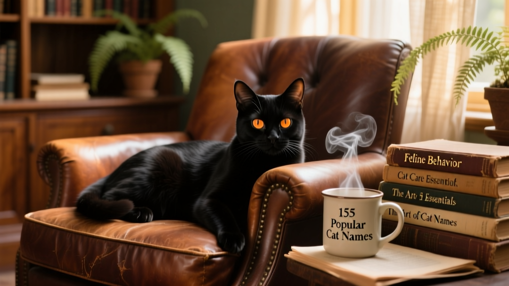 A sleek black cat lounging elegantly on a vintage leather armchair beside a stack of well-worn books and a steaming mug