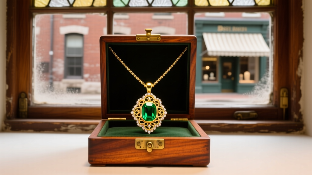 Vintage 18k yellow gold emerald pendant necklace displayed in an antique mahogany jewelry case inside a historic Boston storefront