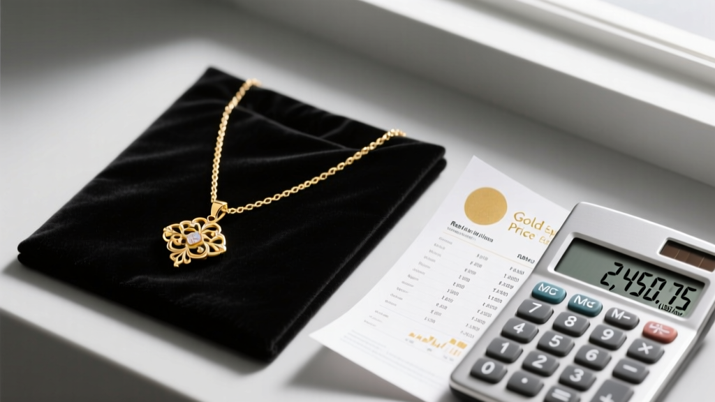 A 14kt gold pendant necklace on a black velvet appraisal pad next to a printed gold spot price chart and a financial calculator.