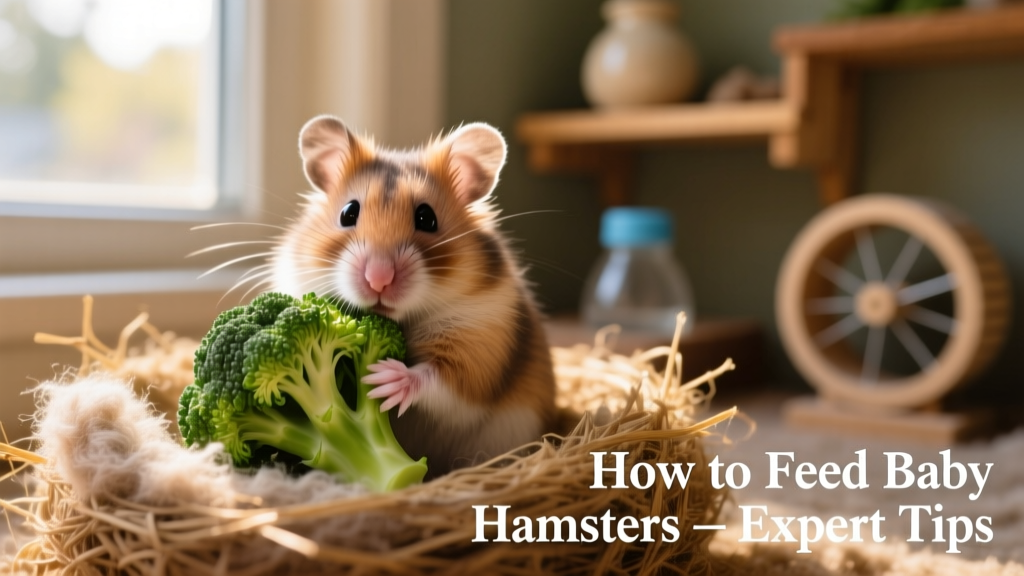 A mother hamster gently holding a piece of broccoli near her nest