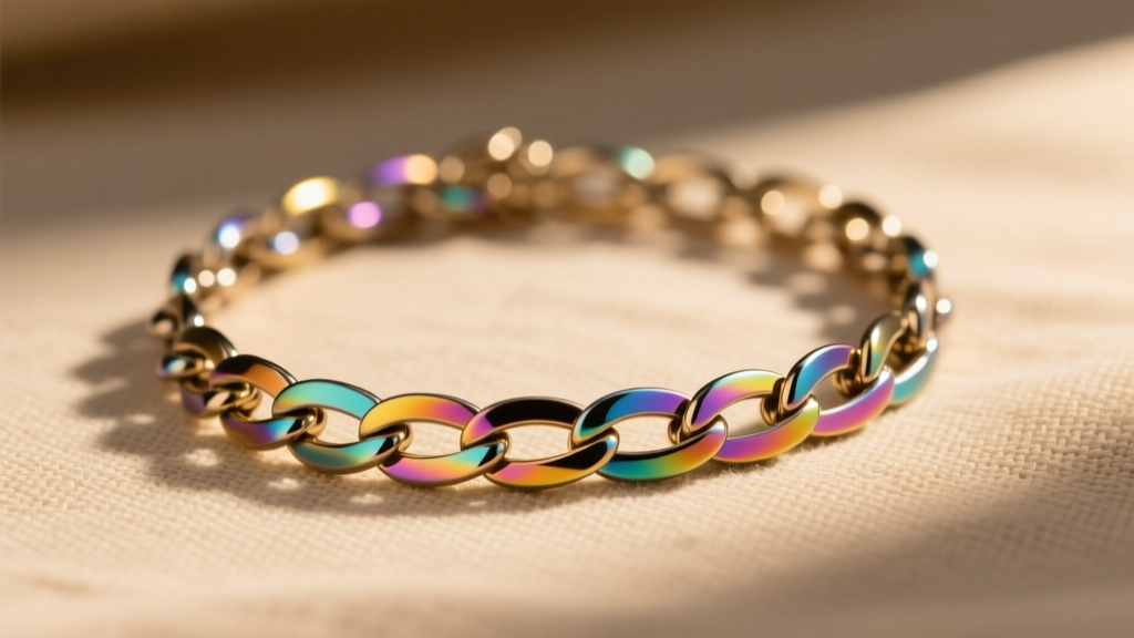 Anodized titanium rainbow chain necklace with rolo links resting on beige linen fabric under soft, directional studio lighting.