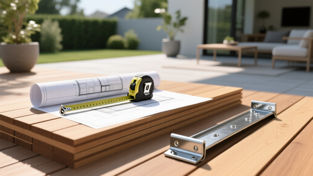 Blueprints and a tape measure resting on stacked composite decking boards next to a galvanized joist hanger on a sunny patio