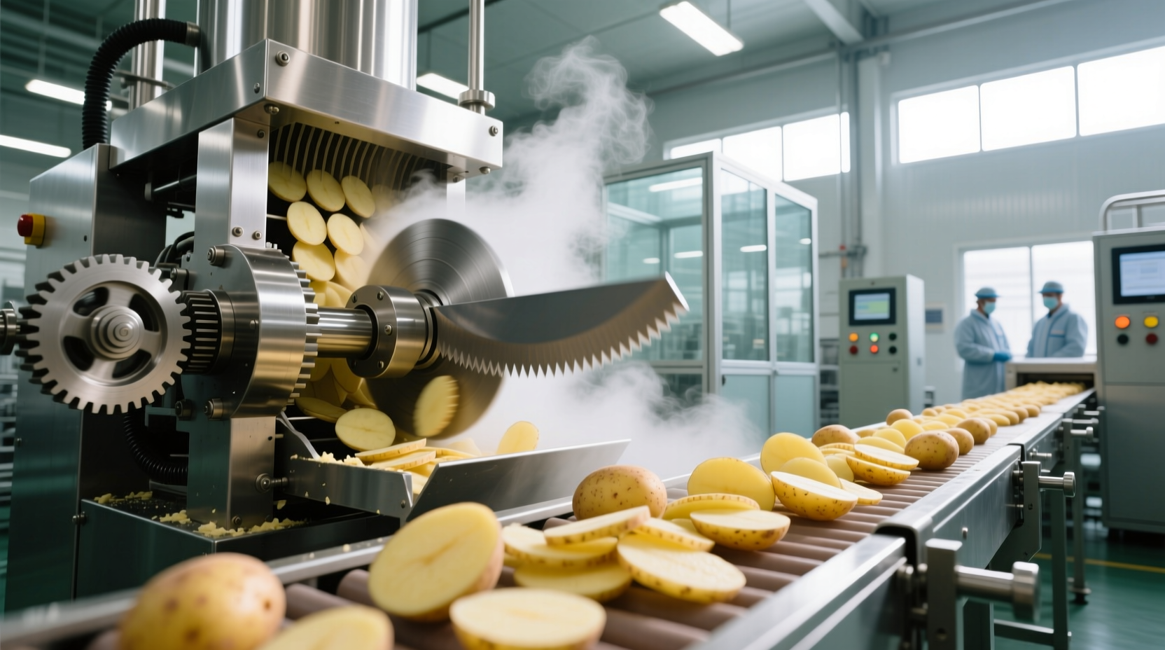 Potato slicing machine in commercial chip production