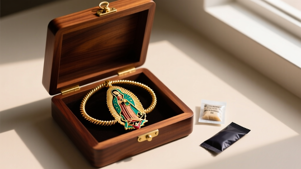 Open mahogany box holding a coiled gold Our Lady of Guadalupe necklace, alongside a silica packet and a dark anti-tarnish strip