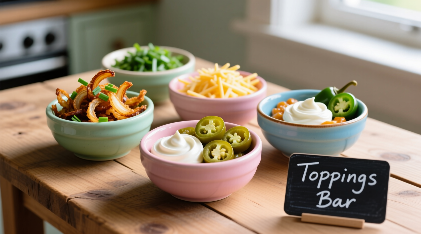 Colorful potato jacket toppings arranged in small bowls