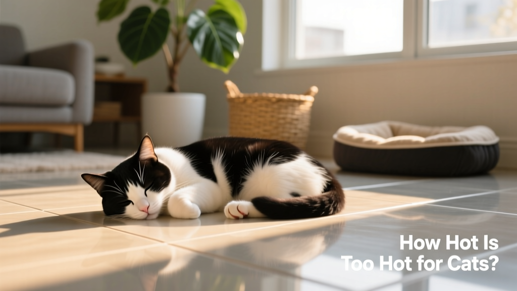 A relaxed cat napping in a sunlit patch on a cool tile floor