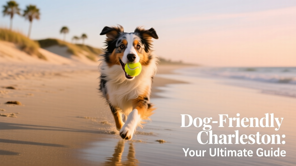 an Australian Shepherd running along a dog-friendly beach in Charleston, with a yellow ball in its mouth
