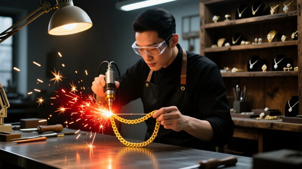 Jeweler using a laser welder to permanently shorten a 14k yellow gold rope chain with sparks flying in a dimly lit workshop