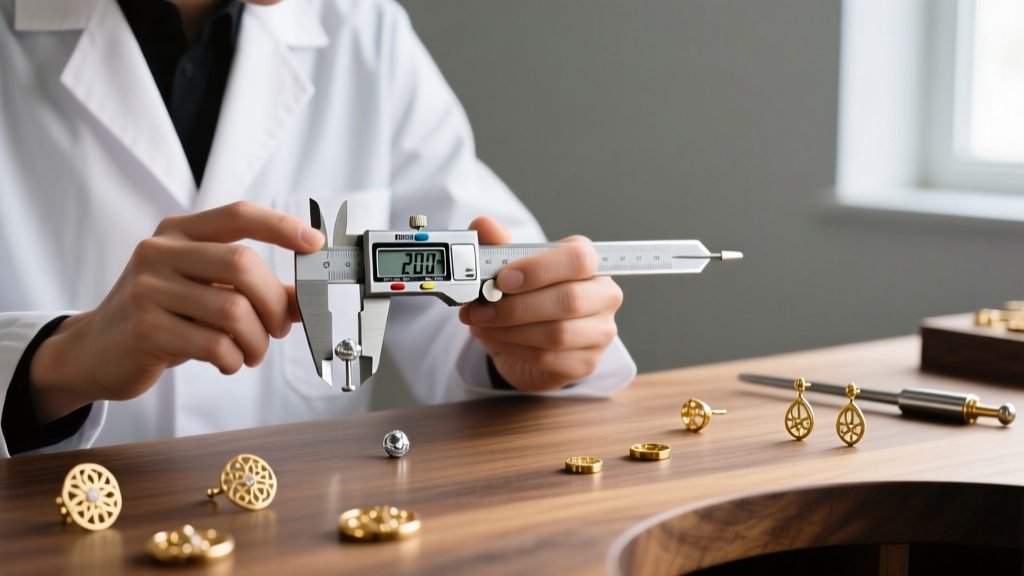 Jeweler using digital calipers to measure a 20-gauge stud post, with gold earring stoppers scattered across a wooden jewelry bench.