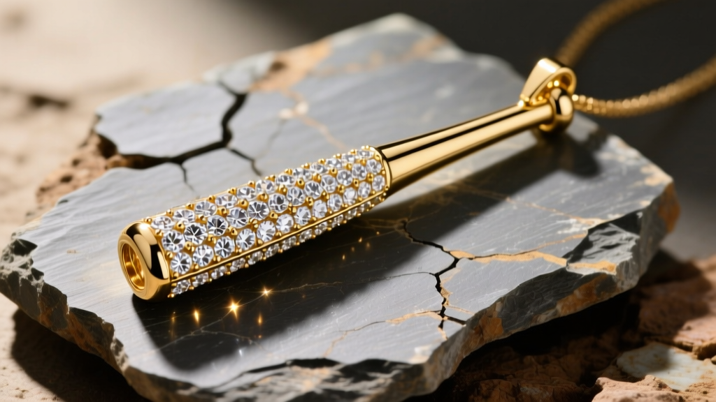 High-angle photo of a custom 14k gold baseball bat pendant paved with VVS moissanite, resting on a piece of raw home plate slate.