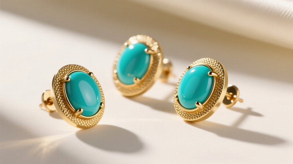 Flat lay of three pairs of 1970s Sarah Coventry pierced stud earrings with faux turquoise cabochons and textured gold-tone bezels.