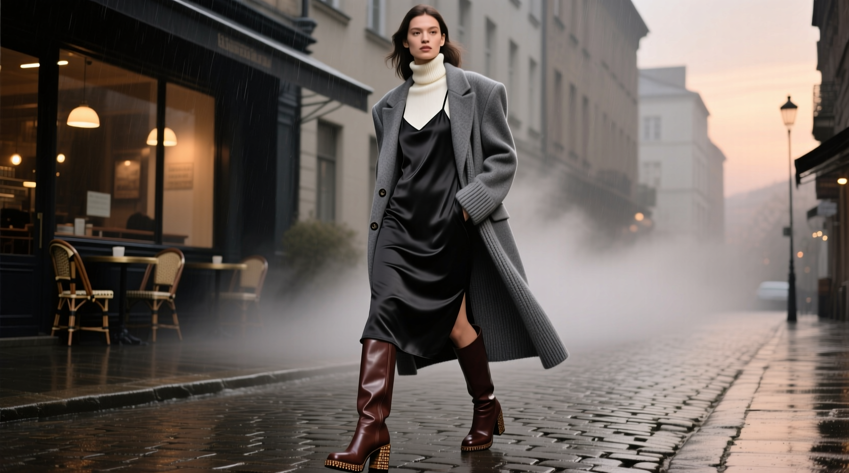 how to style a slip dress for colder weather with layers and boots