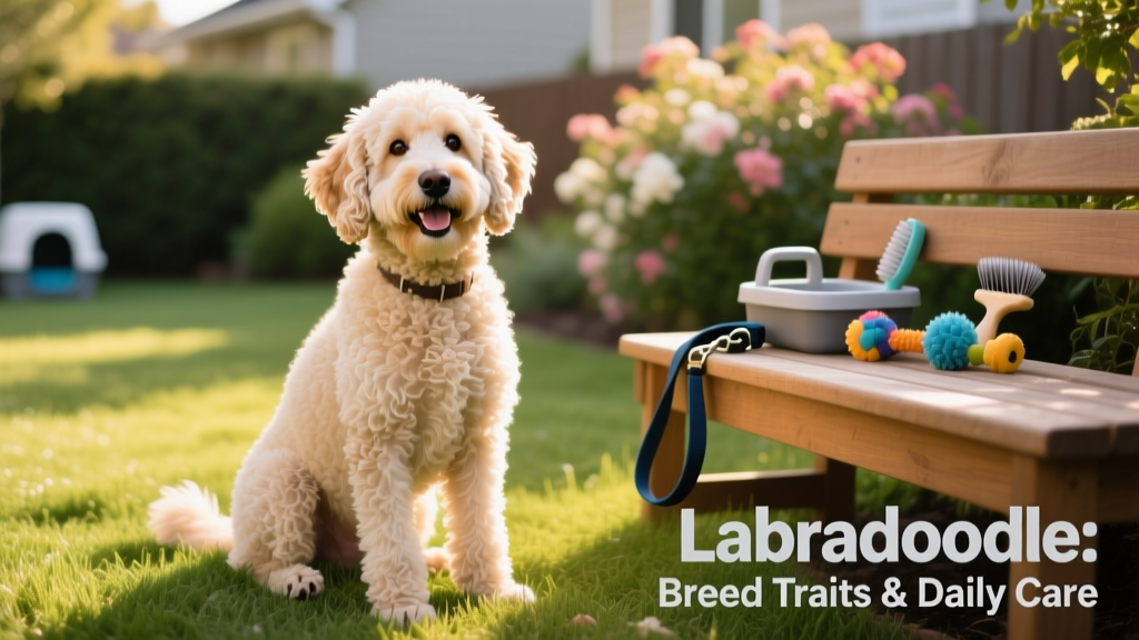 A friendly, medium-sized Labradoodle sitting outdoors on grass, looking alert and cheerful
