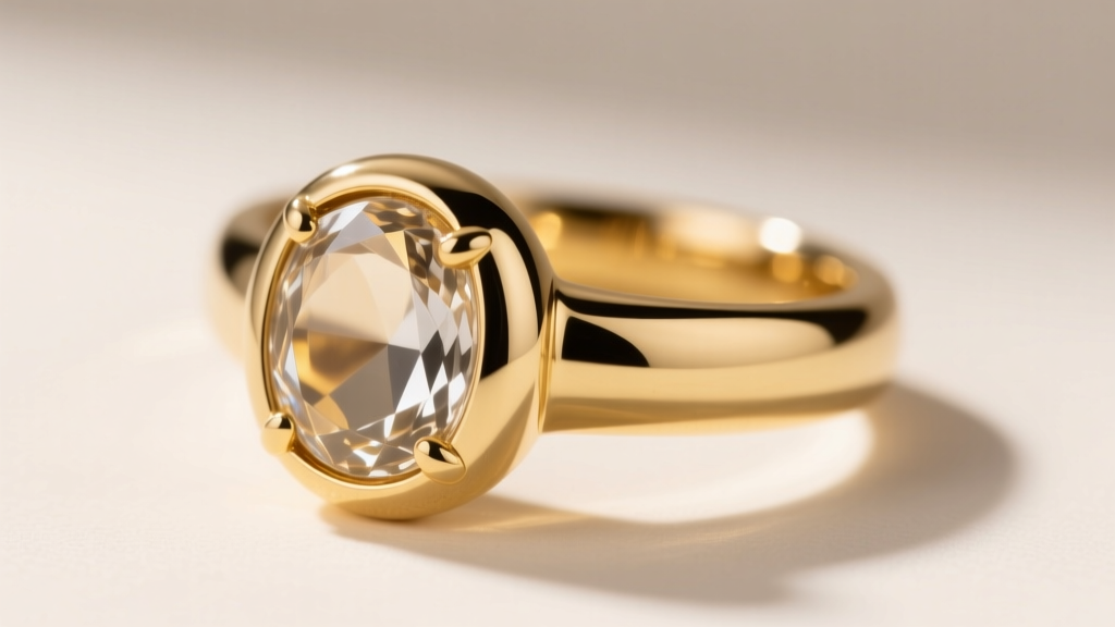 Close-up of a bezel-set cabochon ring in 24k soft gold jewelry, showing a thick euro-shank and seamless metal wrapping technique
