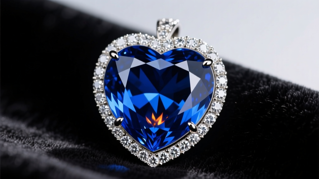 Close-up of a large Ceylon blue sapphire heart pendant surrounded by a pavé diamond halo resting on dark velvet.