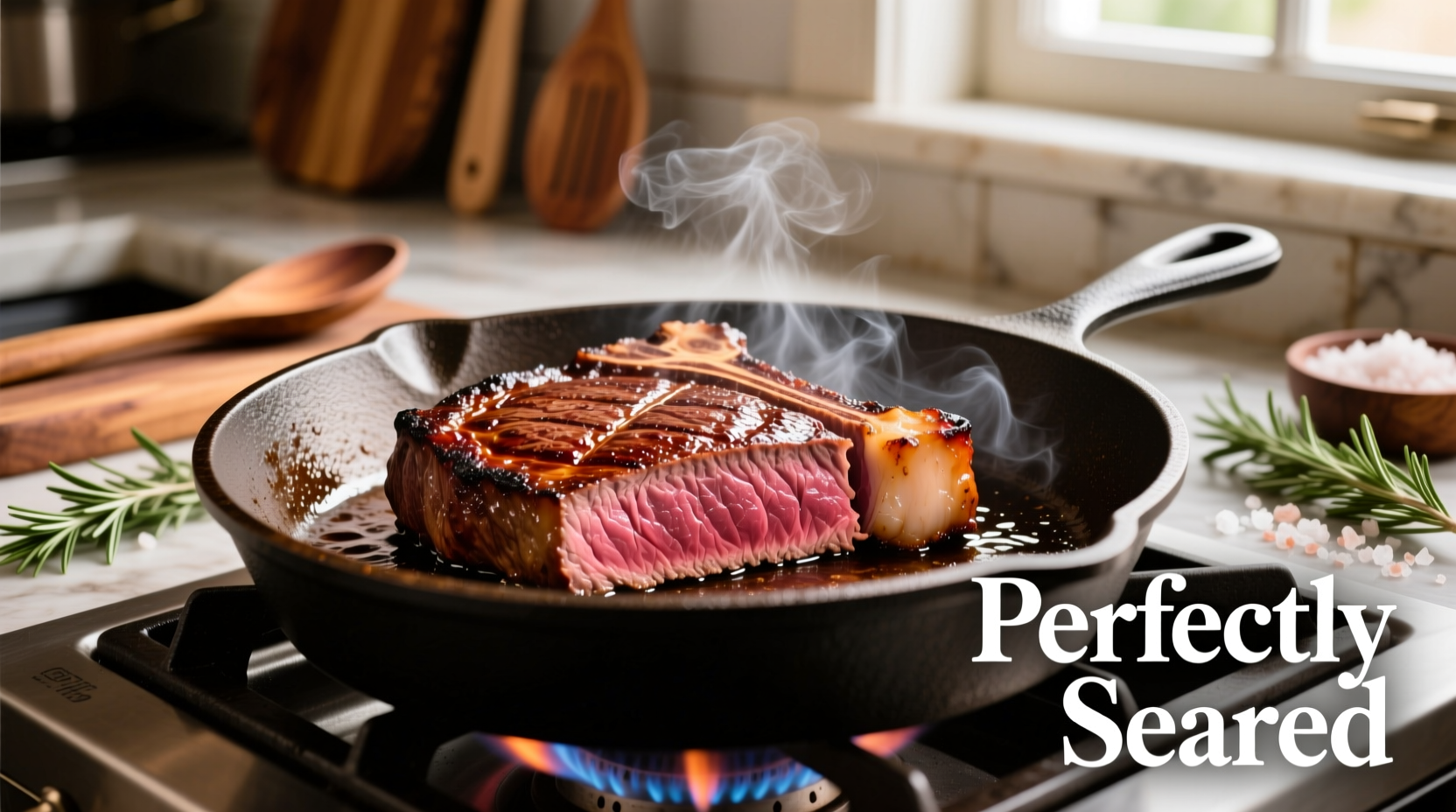 Perfectly seared sirloin steak on stove
