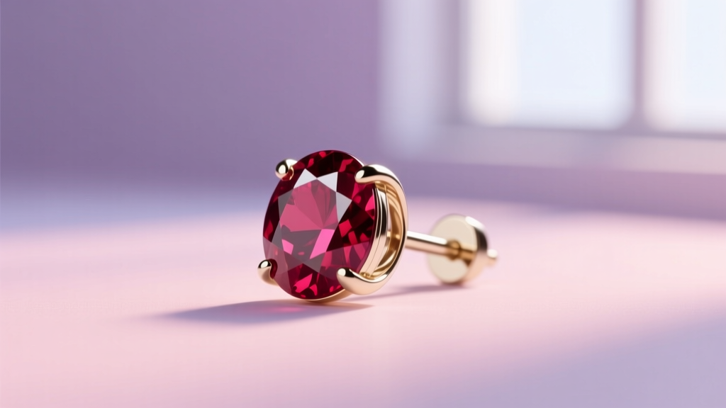 Side view of 20-gauge 14k white gold ruby stud earring, showing prong setting and post against a blurred soft pastel background.