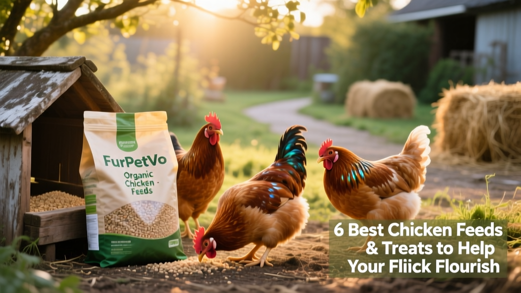 Bag of FurPetVo Organic Chicken Feeds sitting beside a rustic wooden feeder with hens nearby