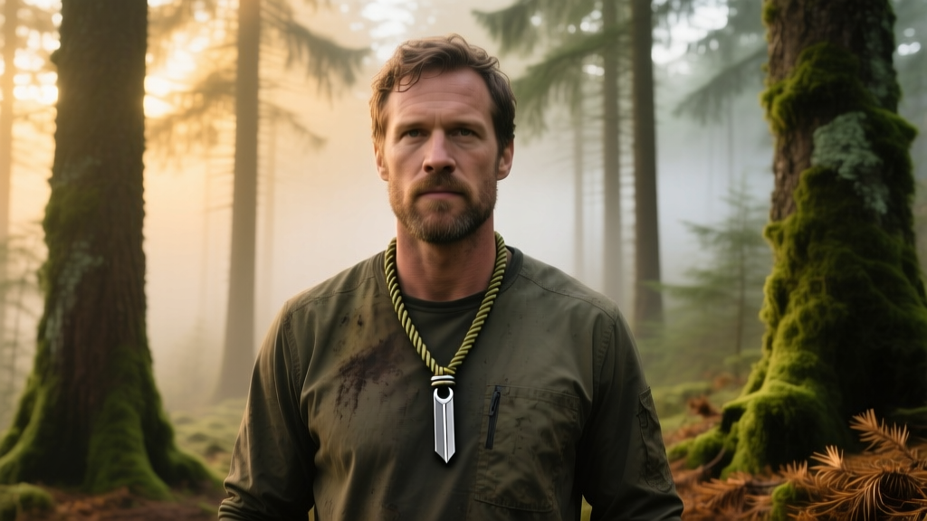Rugged man wearing a paracord survival necklace with a titanium ferrocerium pendant, standing in a dense, misty pine forest.