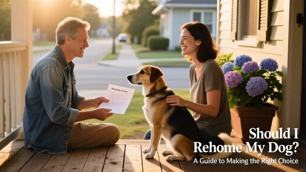 A warm, respectful handover moment: a previous owner and new adopter sit together with the dog on a porch, exchanging paperwork and smiles