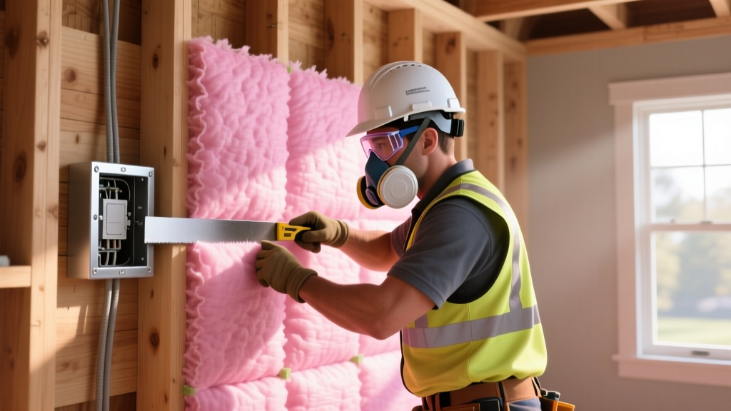 Contractor in safety gear cutting pink fiberglass batts to fit precisely around electrical boxes in a wood-framed residential wall