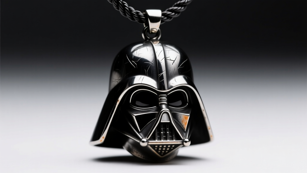 Macro photo of a die-cast zinc alloy Darth Vader helmet pendant on a black oxidized steel rope chain, dramatic studio lighting