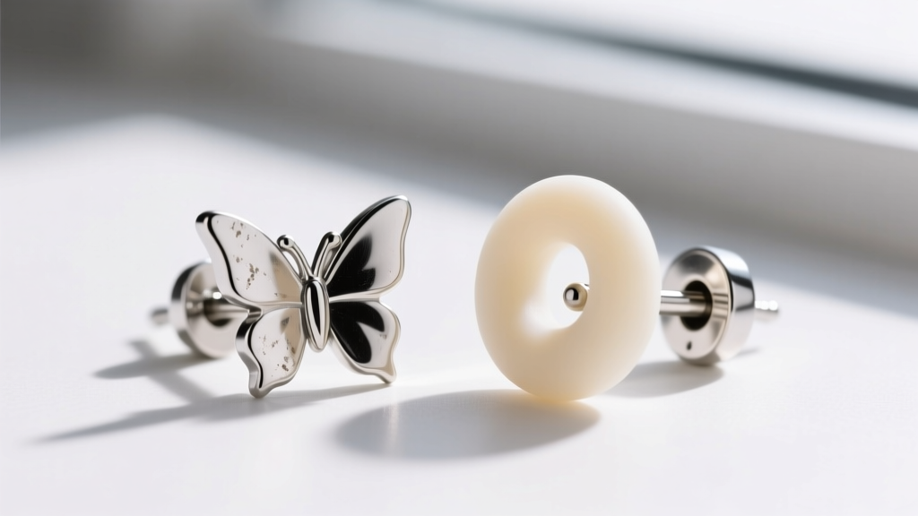 Close-up comparison of a standard metal butterfly earring back next to a medical-grade silicone friction back on a silver earring post
