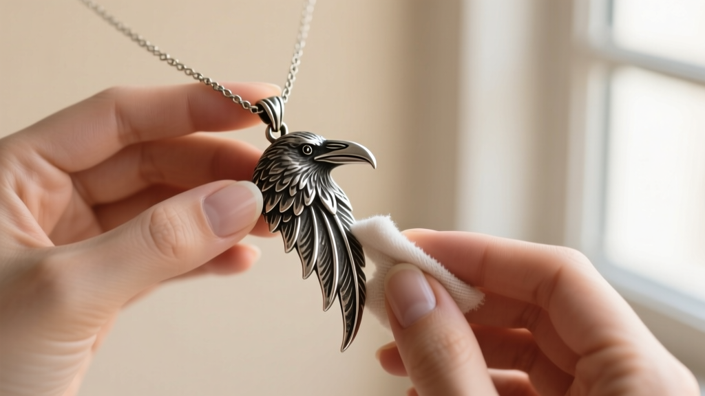 Hands using a soft microfiber cloth to gently polish the high points of an intricate oxidized silver raven talon pendant necklace
