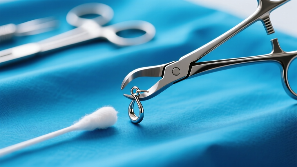 Steel hemostats gripping a metal earring clutch near a cotton swab on a blue medical drape in bright clinical light.