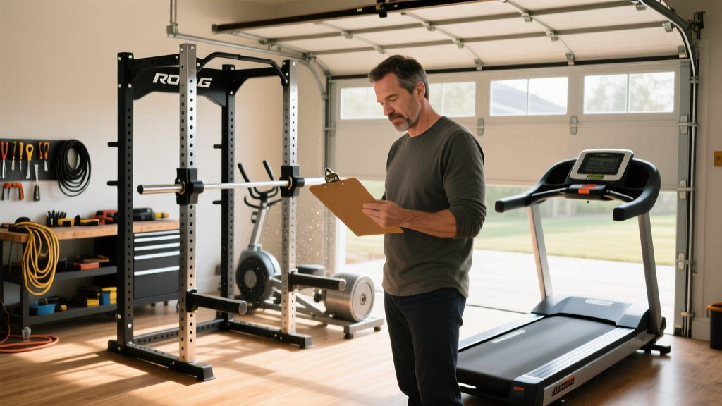 Homeowner reviewing a clipboard with cost estimates next to a disassembled Rogue power rack and motorized treadmill in a residential garage