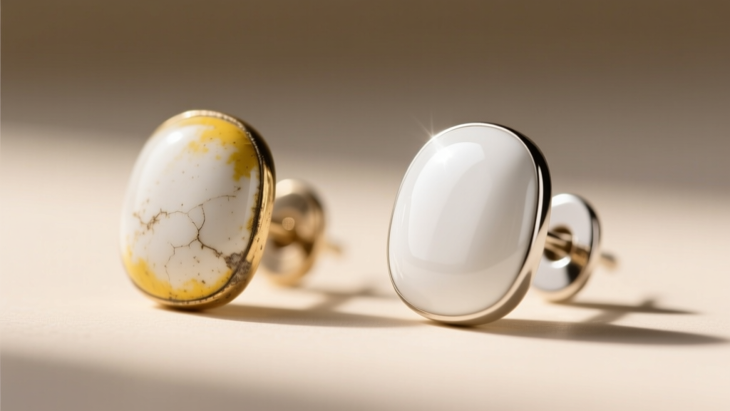 Macro comparison of a yellowed white enamel earring and a freshly polished bright white enamel earring under natural sunlight.