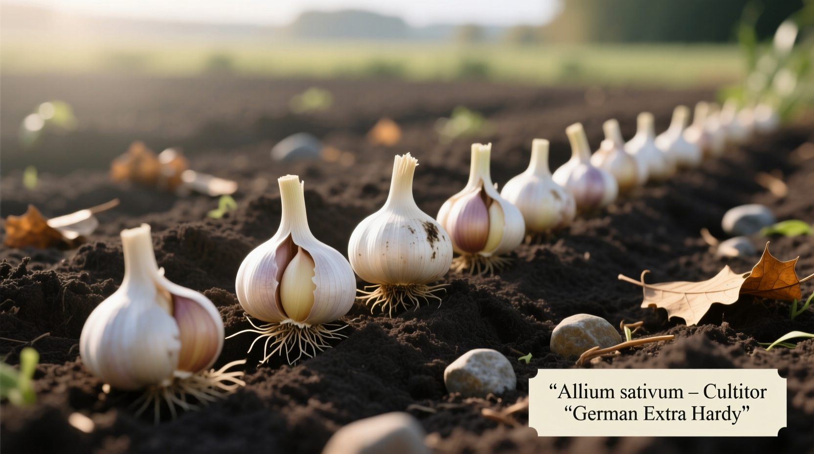 Garlic cloves properly spaced in prepared garden soil