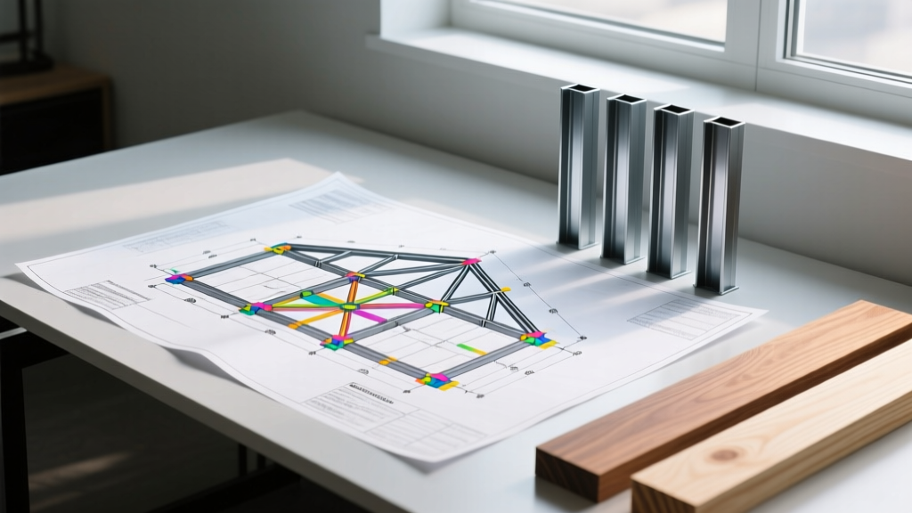 Architectural blueprints displaying a detailed steel framing plan with connection details, resting on a desk next to cold-formed steel studs and wood lumber samples