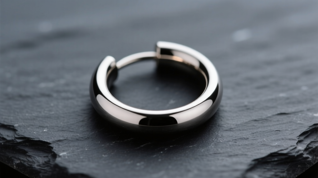 Macro shot of a 16-gauge titanium seamless hoop earring with an 8mm inner diameter resting on dark slate under soft lighting