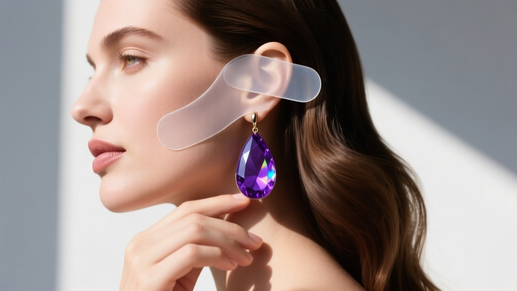 Side profile of a woman adjusting a clear silicone support patch behind a heavy purple chalcedony drop earring in bright daylight