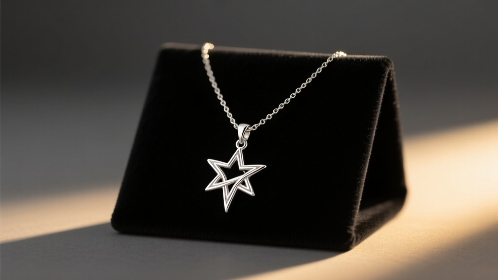 A sterling silver Evenstar pendant necklace on dark velvet, lit by soft cinematic lighting in an elegant, moody studio setting.