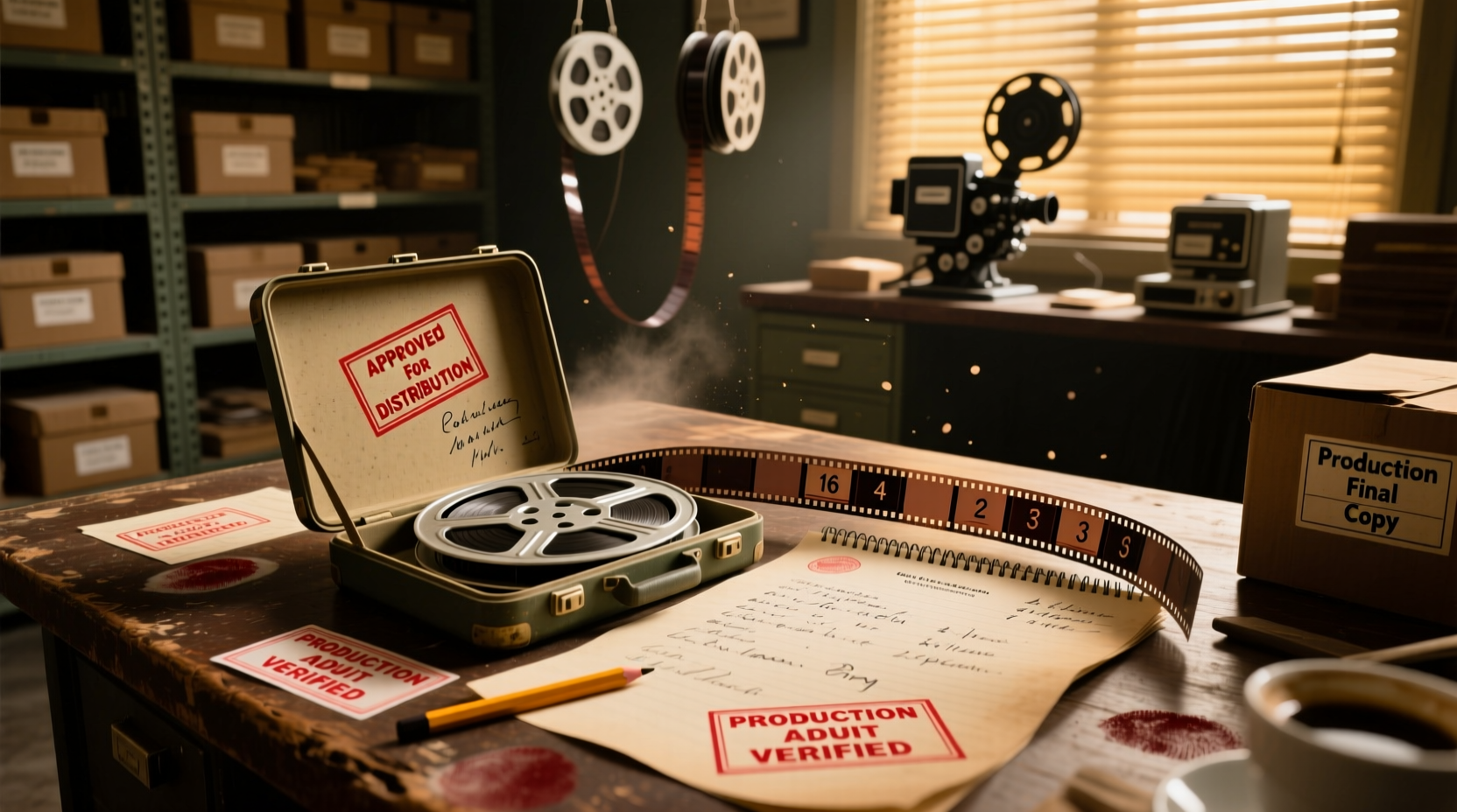 Film production documents with verification stamps