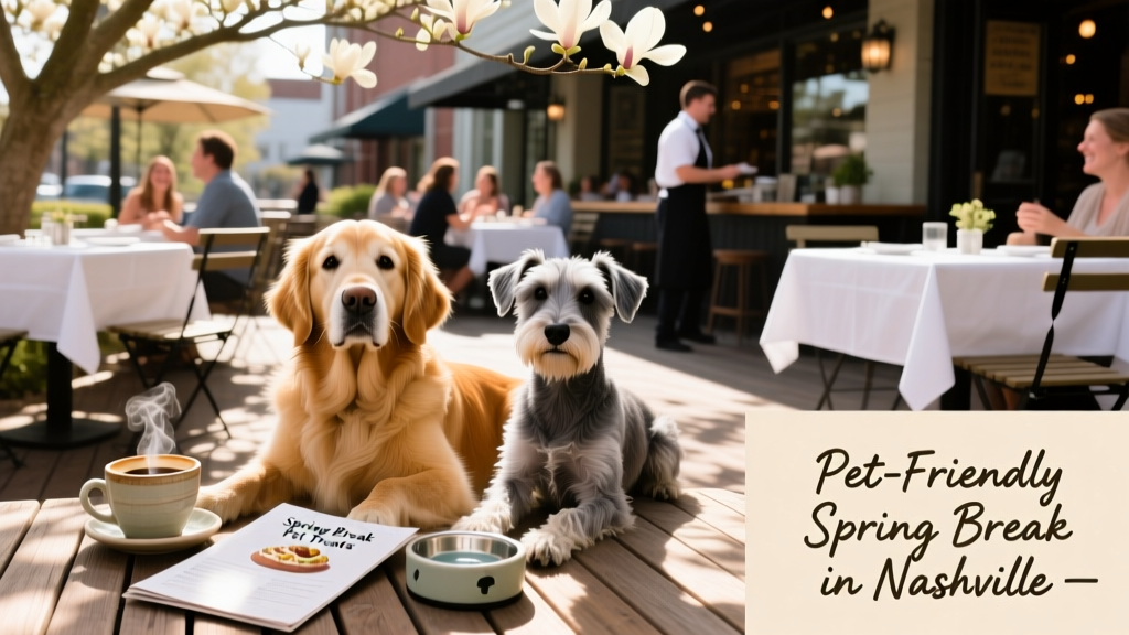 Two dogs relaxing side-by-side on a shaded patio at a Nashville restaurant, with menus and coffee cups visible on the table
