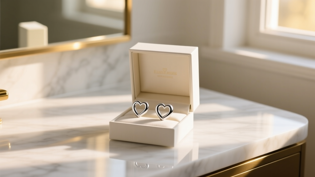 Elegant gift box open on a marble vanity revealing polished sterling silver heart hoop earrings catching soft morning sunlight.