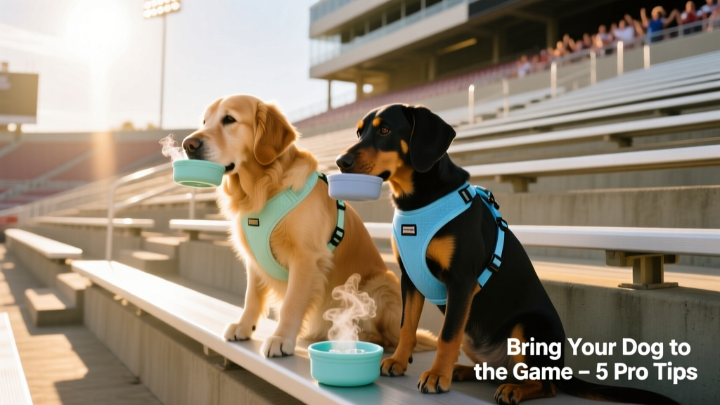 Two dogs calmly seated on stadium bleachers, wearing lightweight harnesses and drinking from portable water bowls