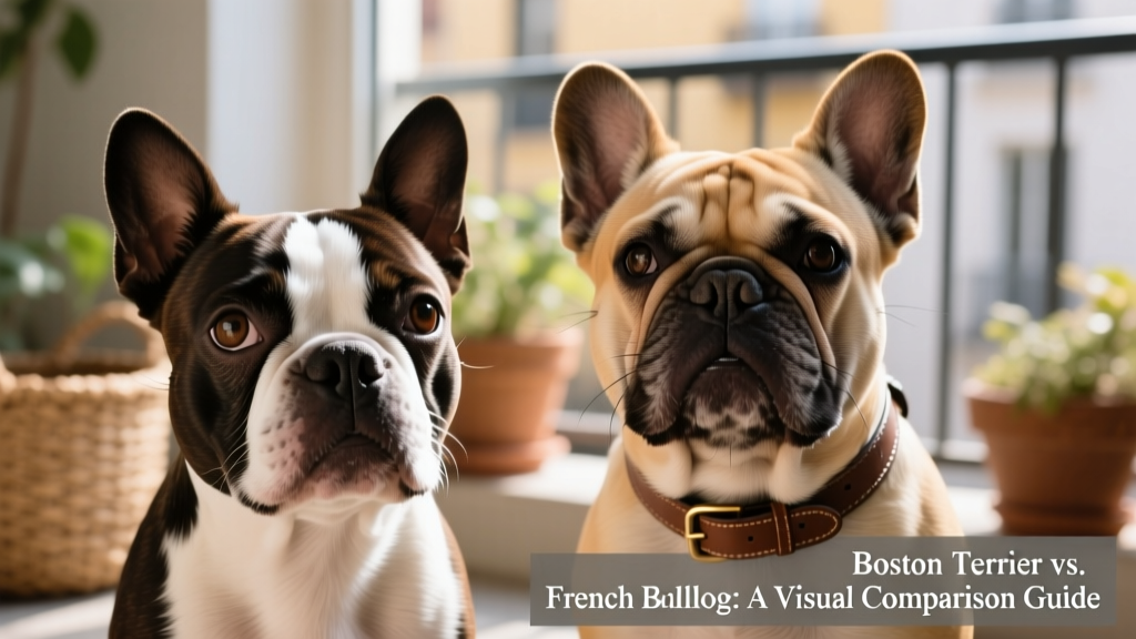 Close-up portrait highlighting the facial differences: Boston Terrier’s rounder head and defined white stripe versus French Bulldog’s square head and deeper wrinkles