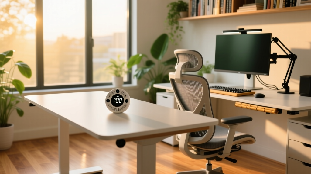 Modern startup home office featuring a standing desk, tactile focus timer, and ergonomic accessories bathed in warm morning light