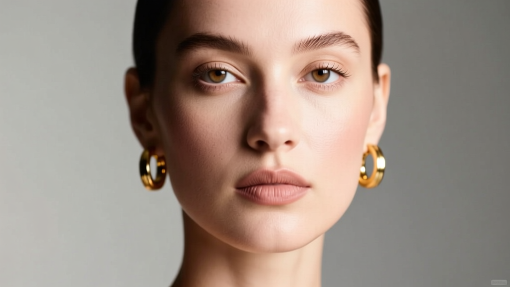 Model with oval face wearing 25mm gold hoop earrings, soft studio lighting highlighting jawline and earring scale.