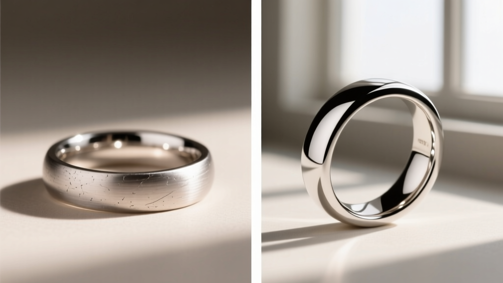 Split-screen comparison of a platinum engagement ring with a matte patina finish on the left and a mirror polish on the right.