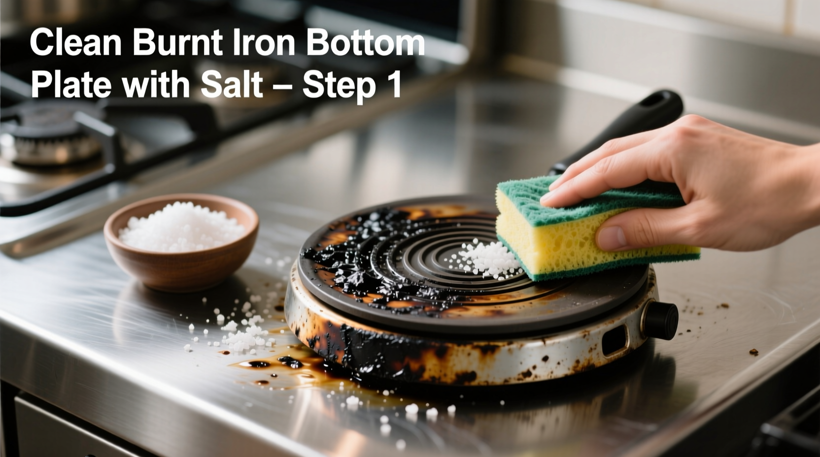 how to clean a burnt iron bottom plate easily with salt