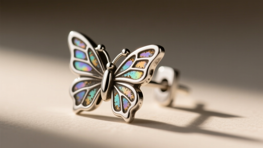 Close-up of a 20-gauge sterling silver earring post and butterfly clutch showing minor oxidation and metal wear patterns