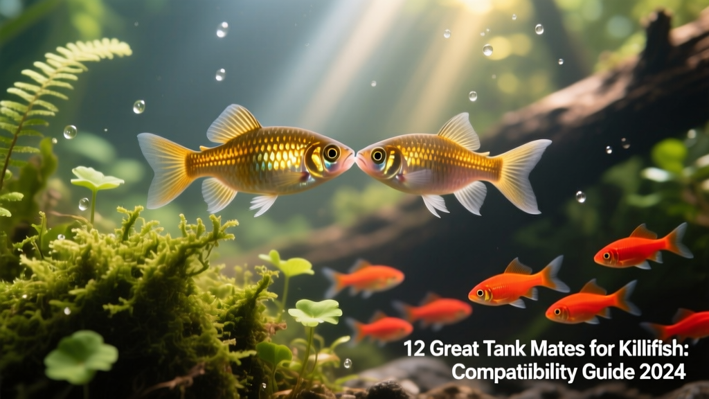 Close-up of a killifish pair near dense java moss and floating riccia, with ember tetras visible below
