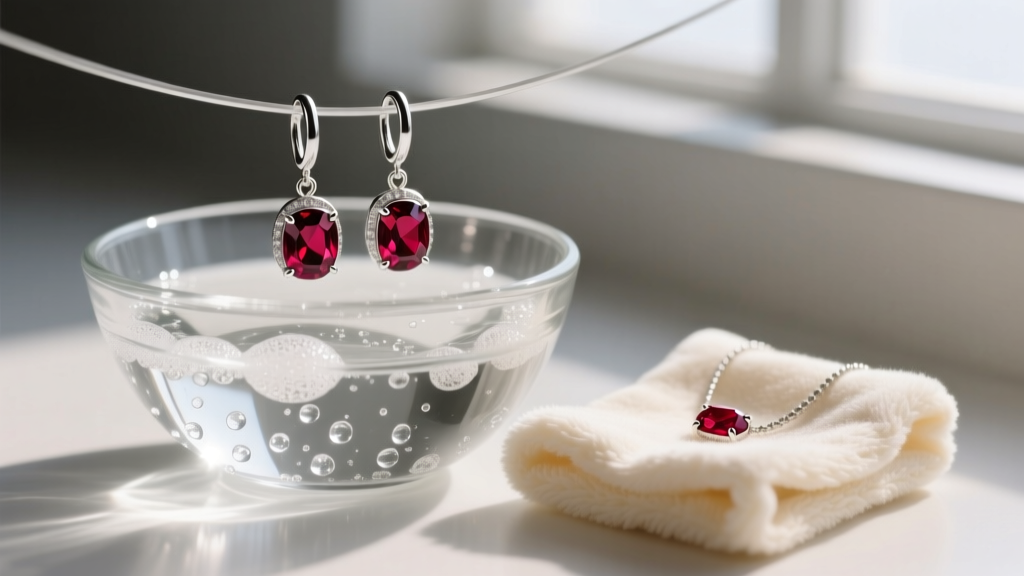 Silver drop earrings with garnets resting in a glass bowl of soapy water beside a soft microfiber jewelry polishing cloth.