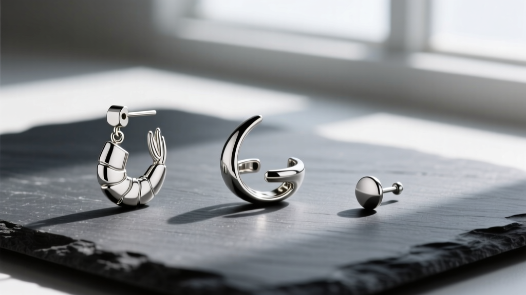 Flat lay of three silver shrimp earring styles including a leverback dangle, cartilage cuff, and post stud on a dark slate surface